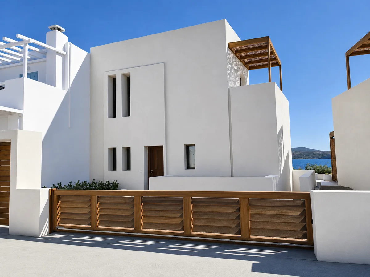 A whitewashed house at Pollonia with a sliding garage gate clad in Iroko wood, the sea beyond