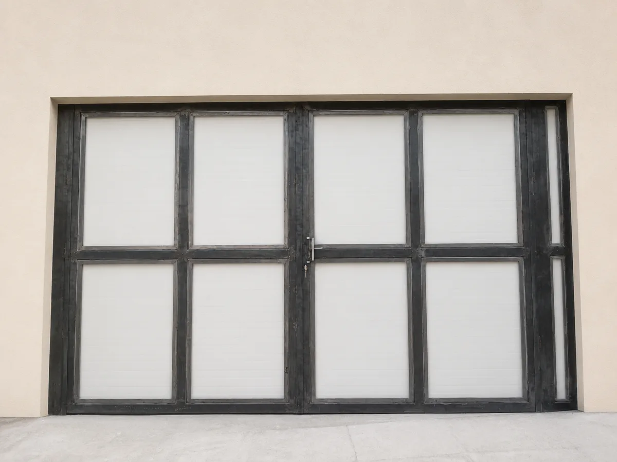 A double-leaf steel garage door with white panel infills in a dark steel frame