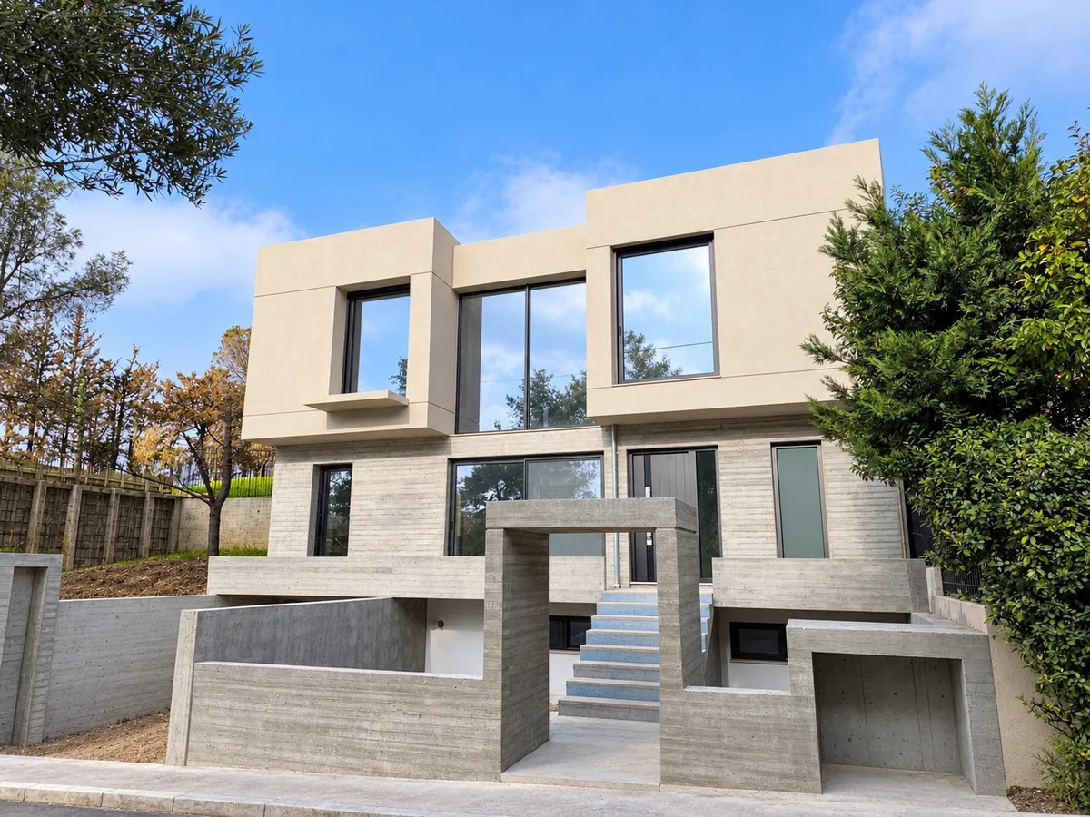 An exposed-concrete house with Alumil M450 and S67 Phos windows, Penteli