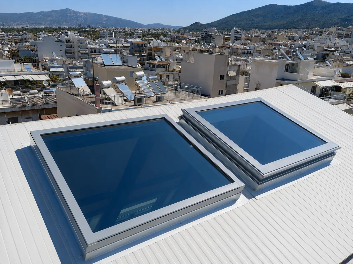 Two roof windows on a flat roof, with Athens and Mount Hymettus beyond