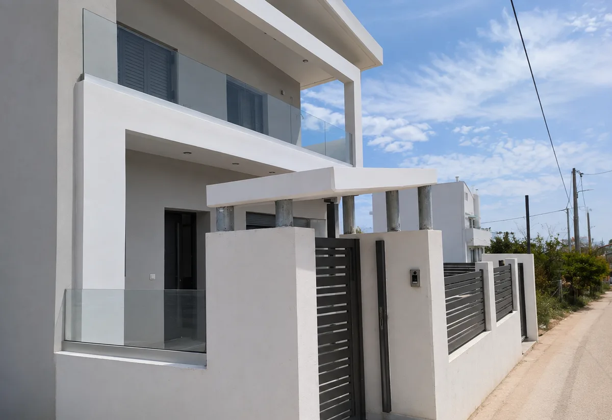 A house with an aluminium fence in Sablé coating running along the road, Penteli