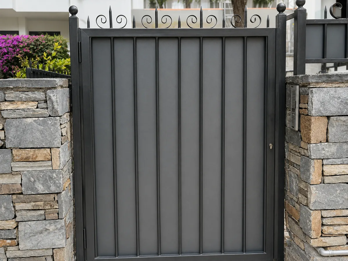 A pedestrian gate in dark anthracite between stone piers, Psychiko